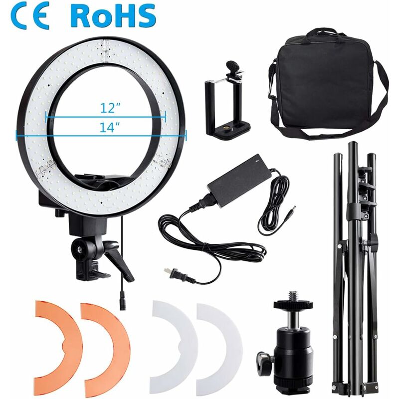 LED Lumière Anneau 12 Pouces RéglablVidéo Eclairage Kit 48 - 50 w Sac de Transport avec Support de Téléphone et Caméra Noir - Costway