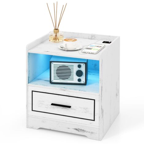 COSTWAY LED Nightstand Bedroom Smart Bedside Table with USB&Type-C Port