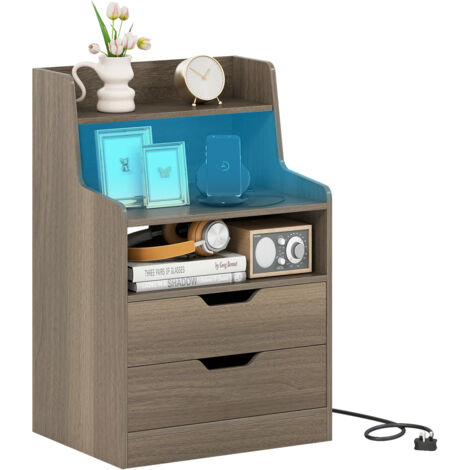 COSTWAY LED Nightstand with Charging Station 2-Drawer Bedside Table-Grey