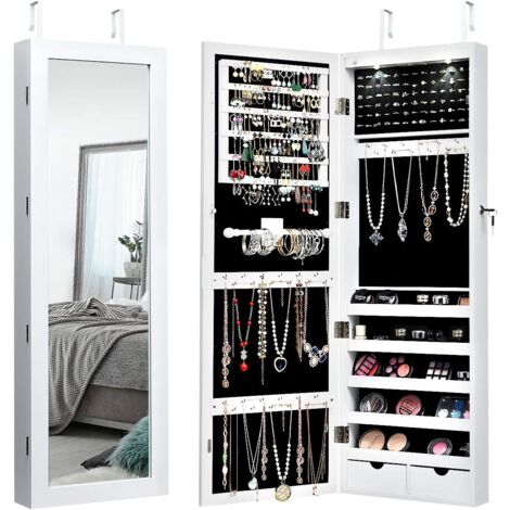 COSTWAY LED Schmuckschrank mit Ganzkoerperspiegel, Schmuckregal Tür- und Wandmontage, haengender Schmuck Spiegelschrank für Ringe, Kettenhaken und Ohrringe Weiss