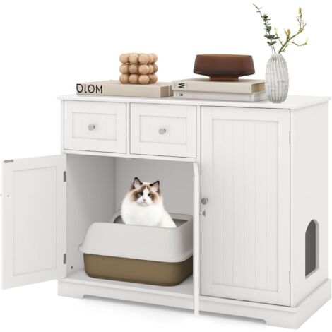 COSTWAY Lettiera Nascosto per Gatti, Mobile Laterale per Gatti con 2 Cassetti, 3 Porte e Dispositivi Anti-Ribaltamento, Armadio Moderno per Animali Domestici, Bianco