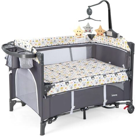 COSTWAY Lettino per Bambini 5-in-1 con Materasso, Culla da Campeggio Pieghevole e Regolabile con Ruote, Adatta per Bambini 0-9 Mesi, grigio