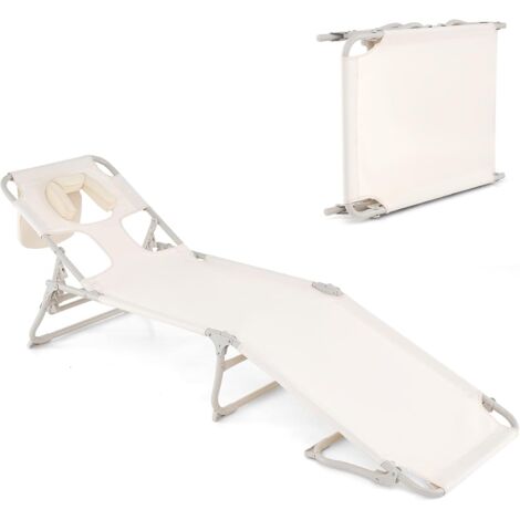 COSTWAY Lettino Prendisole con Fori per Viso e Braccia, Sdraio da Spiaggia Pieghevole con Schienale e Poggiapiedi Regolabili, Chaise Lounge per Esterni per Campeggio, Portata 200 kg, Beige