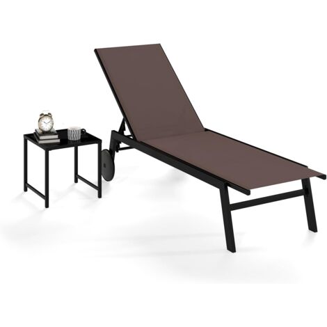 COSTWAY Lettino Prendisole da Giardino con Tavolino, Schienale Rgolabile 5 Livelli, 2 Ruoti, Sdraio da Patio in Tessuto Traspirante, per Piscina Terazza, Portata 150+50 kg (Marrone)