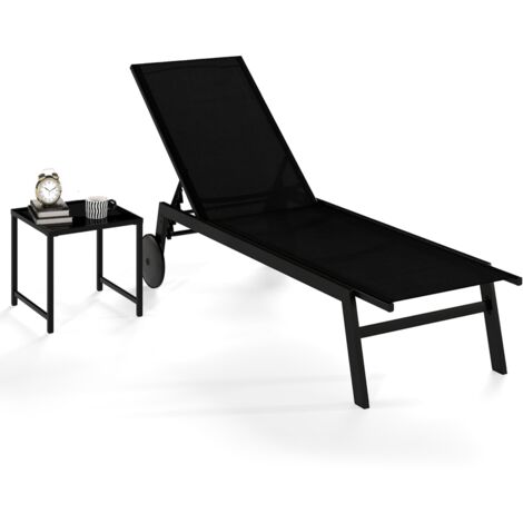 COSTWAY Lettino Prendisole da Giardino con Tavolino, Schienale Rgolabile 5 Livelli, 2 Ruoti, Sdraio da Patio in Tessuto Traspirante, per Piscina Terazza, Portata 150+50 kg (Nero)