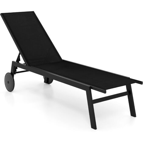 COSTWAY Lettino Prendisole da Giardino, Sdraio da Patio con Schienale Regolabile a 6 Posizioni, Tessuto Traspirante, 2 Ruote, per Piscina, Terrazza e Giardino, Portata 150 kg (Nero,1)