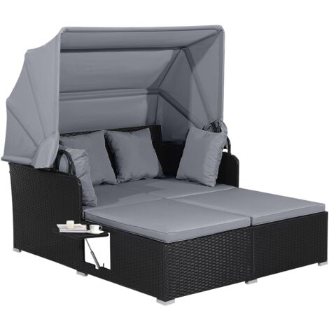 COSTWAY Lettino Prendisole in Rattan, Lettino da Giardino per 2 Persone con Tettuccio Retrattile, Cuscini Spessi, Ideale per Giardino Cortile Portico Prato, 165 x 153 x 138 cm (Grigio)
