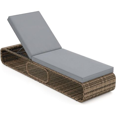 COSTWAY Lettino Prendisole Relax,Rattan PE,Schienale Regolabile,Spazio di Stoccaggio,Grigio