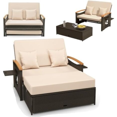 COSTWAY Lettino Regolabile da Giardino con Cuscino e Panca Contenitore, Divano Salvaspazio da Esterno con Schienale Regolabile a 4 Livelli e Vassoi Laterali Estraibili, per Piscina e Cortile (Beige)