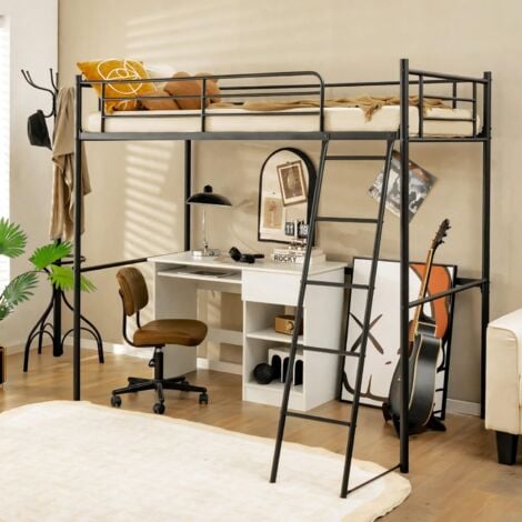 COSTWAY Letto a Soppalco in Metallo, Letto a Doghe d'Acciaio con Scala Integrata, Struttura del Letto Salvaspazio per Adolescenti e Adulti, 206x95x180,5cm, Carico Massimo 150kg (Nero)