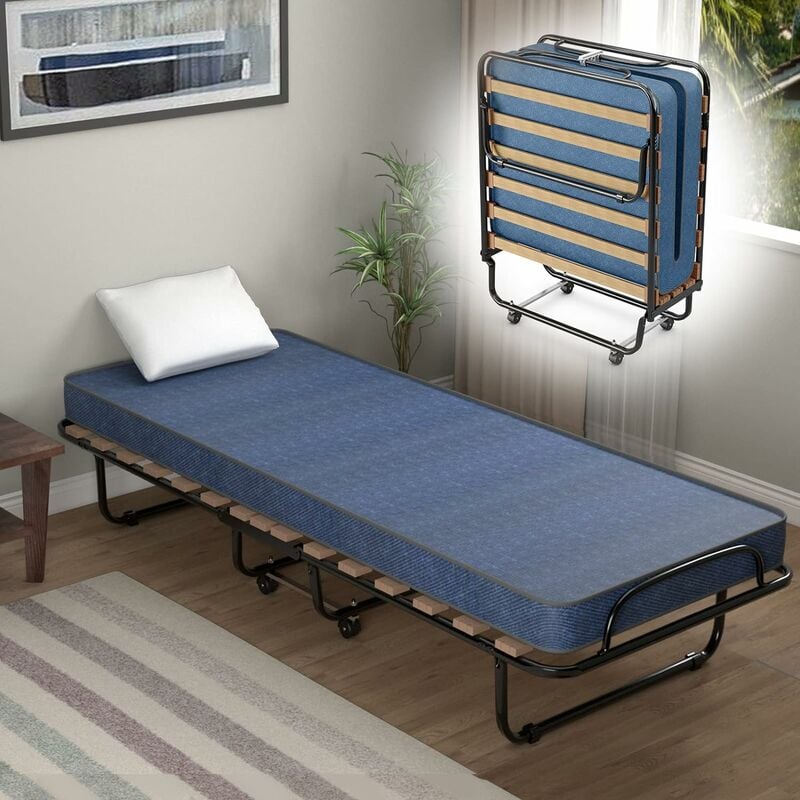 lit pliant sur roulettes, 80 x 190 cm, lit d'appoint avec matelas en mousse 6,5 cm pour maison et bureau, fabriqué en italie, bleu - costway