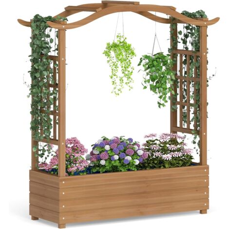 COSTWAY Letto da Giardino Rialzato, Fioriera in Legno con Tetto Sospeso, 2 Tralicci Laterali, Contenitore Inferiore, per Fiori, Verdure e Piante Rampicanti, Aiuola Elevata per Giardino e Terrazzo