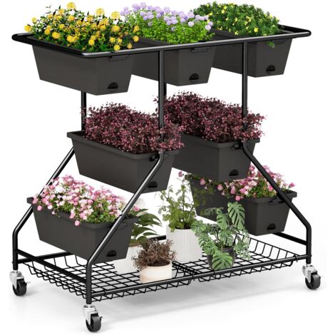 COSTWAY Letto da Giardino Verticale Sollevato con 7 Vasi, Cestini di Stoccaggio, Fori di Drenaggio e 4 Ruote Bloccabili, Scaffale Portafiori da Esterno ed Interno, Piantatore Elevato a 3 Livelli per O