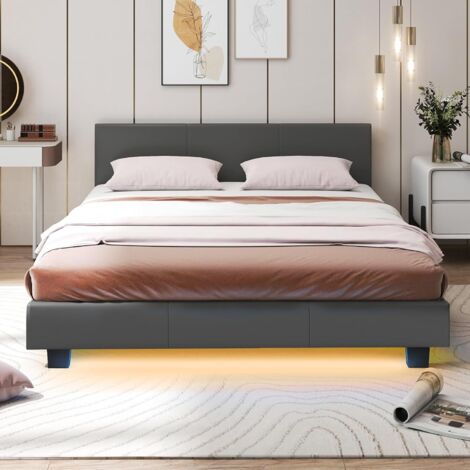 COSTWAY Letto Matrimoniale in Legno, Struttura per Letto Con Testiera Imbottita，Silenzioso，Grigio