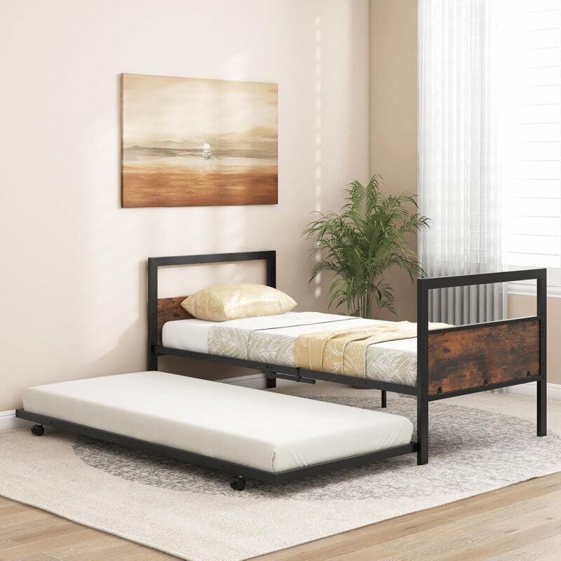 Letto Singolo 90 x 200 cm, Struttura Letto Estraibile con Ruote Testiera e Pediera, Gambe Pieghevoli e Supporto a Doghe in Metallo, Telaio da Letto