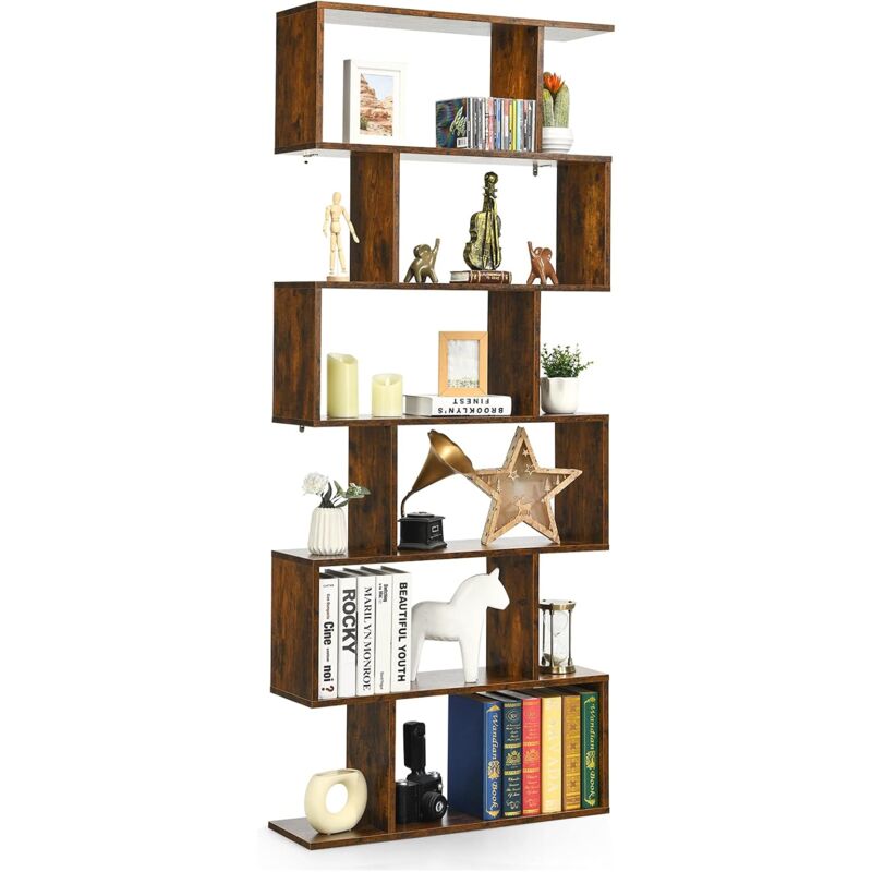 

Librería con 6 Niveles con Forma de S Estante de Madera para Libros Fotos y Plantas Estante Decorativo (marrón) - Costway
