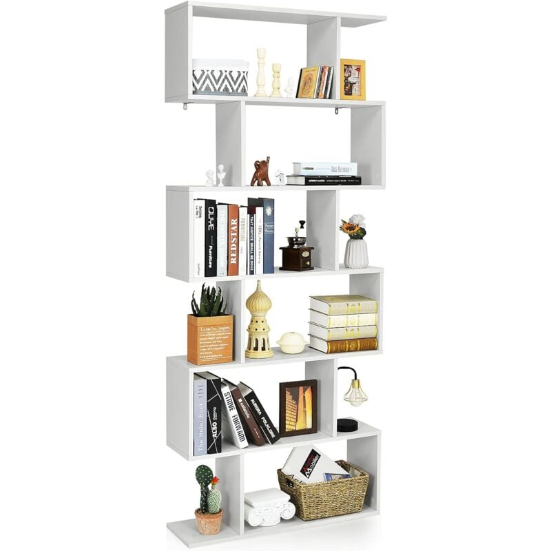 

Librería con 6 Niveles con Forma de S Estante de Madera para Libros Fotos y Plantas Estante Decorativo (blanco) - Costway
