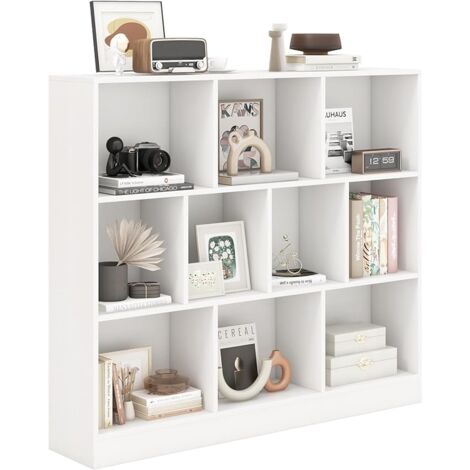 COSTWAY Libreria a 10 Cubi, Organizzatore di Stoccaggio a 3 Ripiani con 2 Kit Anti-Ribaltamento, Scaffale Multiuso in Legno per Soggiorno Camera da Letto Ufficio, 120x24x104 cm (Bianco)