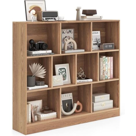 COSTWAY Libreria a 10 Cubi, Organizzatore di Stoccaggio a 3 Ripiani con 2 Kit Anti-Ribaltamento, Scaffale Multiuso in Legno per Soggiorno Camera da Letto Ufficio, 120x24x104 cm (Naturale)