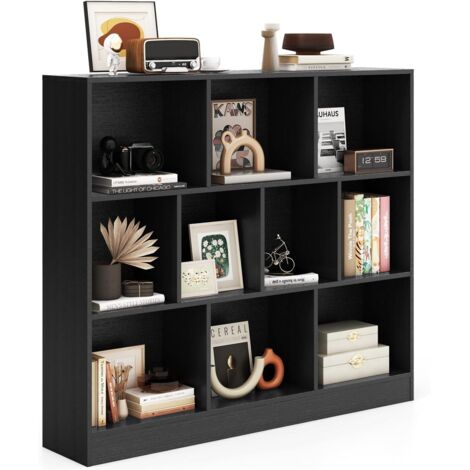 COSTWAY Libreria a 10 Cubi, Organizzatore di Stoccaggio a 3 Ripiani con 2 Kit Anti-Ribaltamento, Scaffale Multiuso in Legno per Soggiorno Camera da Letto Ufficio, 120x24x104 cm (Nero)