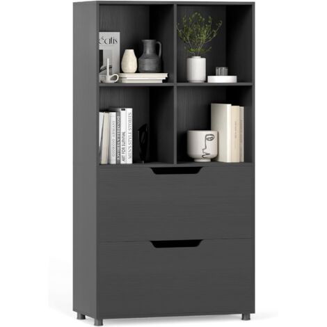 COSTWAY Libreria a 4 Cubi con 2 Cassetti, Scaffale Alto a 5 Ripiani da 130 cm, Libreria Moderna a Cubi Aperti, Organizer in Legno per Soggiorno, Studio, Ufficio Domestico (Nero)