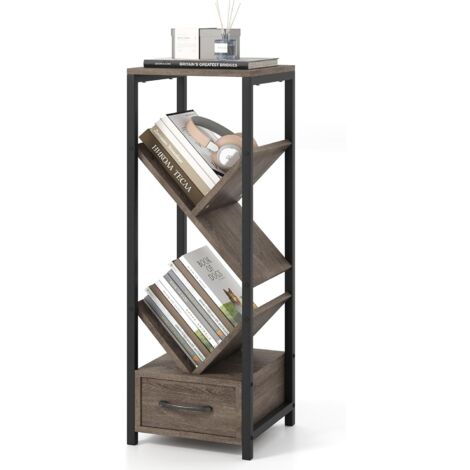 COSTWAY Libreria a 4 Ripiani, Scaffali in Legno con Cassetto, Kit Antiribaltamento e Struttura Metallica, Scaffale di Stoccaggio per Soggiorno Studio, 30,5 x 30,5 x 91,5 cm