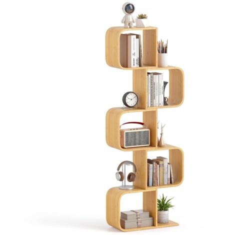 COSTWAY Libreria a 5 Cubi Forma di S, Libreria Bassa Scaffale in Bamboo, Libreria Design Moderna Salvaspazio Piccola da Terra, per Soggiorno, Studio e Ufficio, 61 x 23 x 166 cm, Naturale (5 Livelli)