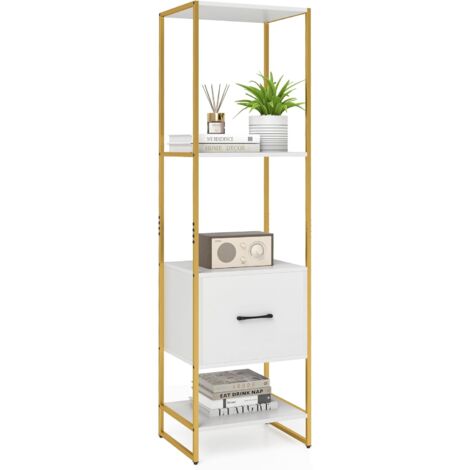 COSTWAY Libreria a 5 Ripiani con Cassetto, Scaffale di Stoccaggio con Struttura in Metallo e Kit Antiribaltamento, Unità Espositiva Autoportante per Camera da Letto Soggiorno, 45x35x160 cm (Bianco)