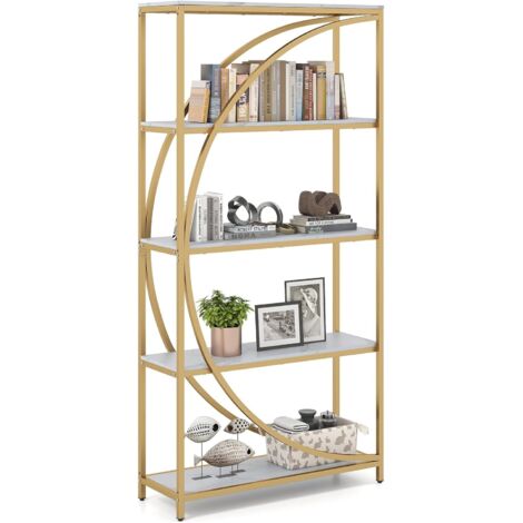 COSTWAY Libreria a 5 Ripiani, Scaffale Alto Indipendente con Design a Mezzaluna, Struttura in Metallo, Libreria da Parete per Soggiorno, Ufficio e Studio, 86 x 30 x 175 cm (Bianco)