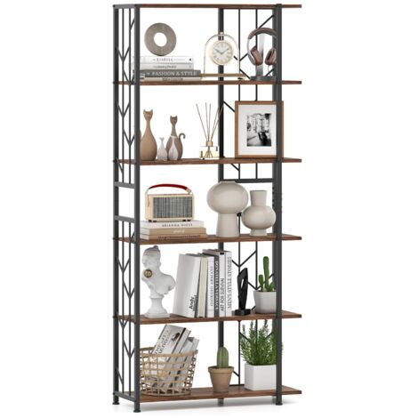 COSTWAY Libreria a 6 Ripiani, Libreria Geometrica Moderna con Telaio in Metallo, Scaffale da Terra con 2 Kit Antiribaltamento per Soggiorno Camera da Letto Studio, 80x31x180 cm (Marrone)
