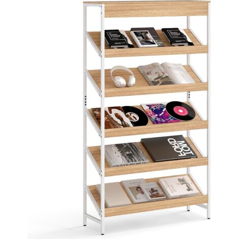 COSTWAY Libreria a 6 Ripiani, Scaffale Inclinato con Struttura Metallica, Porta Giornali Industriale in Legno, Organizer per Soggiorno Camera da Letto Studio, 90x30x161 cm (Naturale)