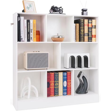 COSTWAY Libreria a 8 Cubi, Organizzatore di Stoccaggio a 3 Ripiani con 2 Kit Anti-Ribaltamento, Scaffale Multiuso in Legno per Soggiorno, Ufficio Stanza Bambini, 100x24x104 cm (Bianco)