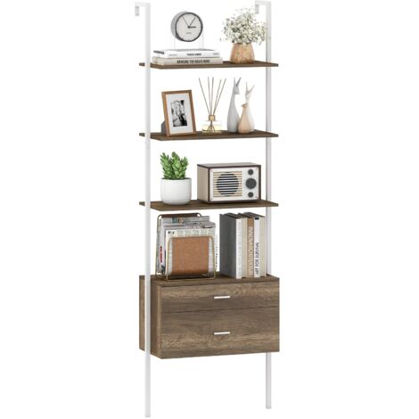 COSTWAY Libreria a Scala 184 cm, Scaffale da Parete a 6 Ripiani con 2 Cassetti e Struttura in Metallo, Ripiano Espositivo Aperto Moderno per Soggiorno Studio Ufficio, 60 x 30 x 184 cm (Naturale)