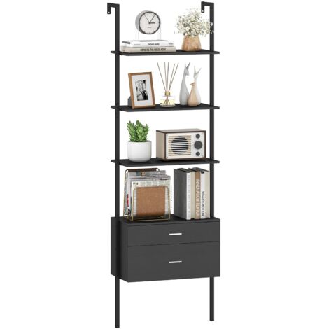 COSTWAY Libreria a Scala 184 cm, Scaffale da Parete a 6 Ripiani con 2 Cassetti e Struttura in Metallo, Ripiano Espositivo Aperto Moderno per Soggiorno Studio Ufficio, 60 x 30 x 184 cm (Nero)
