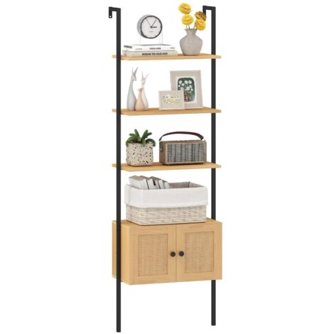 COSTWAY Libreria a Scala a 5 Ripiani con Armadio in Rattan, Scaffale da Parete con Struttura in Metallo, Organizzatore di Stoccaggio per Soggiorno Studio Ufficio, 60x31,5x184 cm