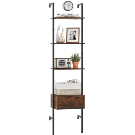 COSTWAY Libreria a Scala a 5 Ripiani con Cassetto in Tessuto, Scaffale da Parete Salvaspazio in Legno, Scaffale Portaoggetti per Soggiorno, Studio e Camera da Letto, 43 x 30 x 178 cm, Marrone