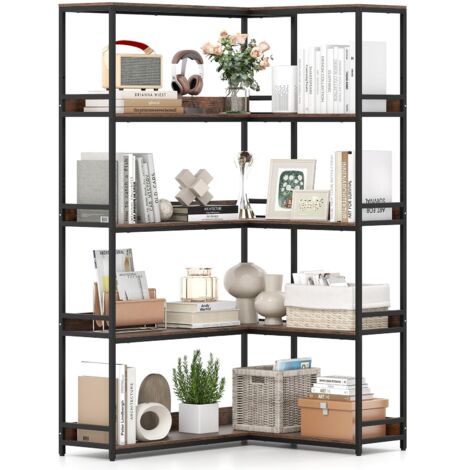 COSTWAY Libreria ad Angolo 180 cm, Libreria a 5 Ripiani a Forma di L con Struttura in Metallo, Scaffale Espositivo Aperto Industriale per Soggiorno Studio Ufficio e Casa, 110 x 89 x 180 cm