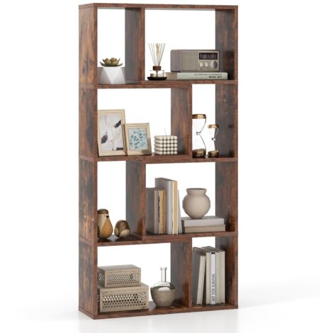 COSTWAY Libreria Geometrica a 4 Ripiani, Organizzatore Moderno con 8 Cubi, Mensola Espositiva a Pavimento, Mobile di Stoccaggio in Legno per Soggiorno Camera da Letto Studio, 60x20x120 cm (Marrone)
