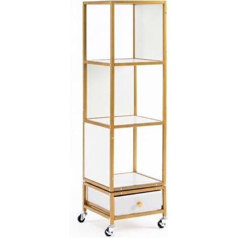 COSTWAY Libreria Girevole a 4 Ripiani,Cassetto in Tessuto Rimovibile e Ruote,30x30x111 cm，Bianco