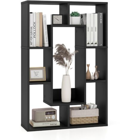 COSTWAY Libreria in Legno, Scaffale Aperto Geometrica a 7 Cubi, Scaffale da Esposizione con Dispositivo Anti-Ribaltamento, per Ufficio Soggiorno Camera da Letto, 60x20x90 cm (Nero)
