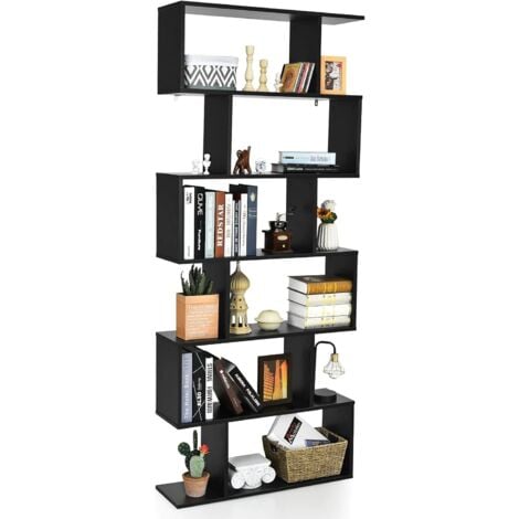 COSTWAY Libreria in Legno Scaffale Multifunzionale a 6 Ripiani per Piante e Libri per Ufficio Casa Ripiano a Forma di S, 80 x 23 x 192 cm (Nero)