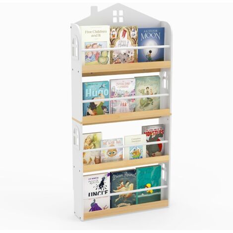 COSTWAY Libreria per Bambini a Forma di Casa in Legno, 4 Livelli con Pannelli Anti-caduta