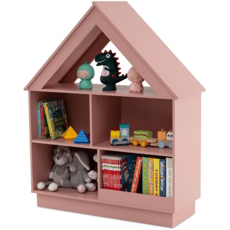 COSTWAY Libreria per Bambini a Forma di Casa, Scaffale in Legno con 5 Cubi per Giocattoli, Organizer di Stoccaggio Antiribaltamento, Scaffale Aperto a 3 Livelli, 88x34x108 cm (Rosa)
