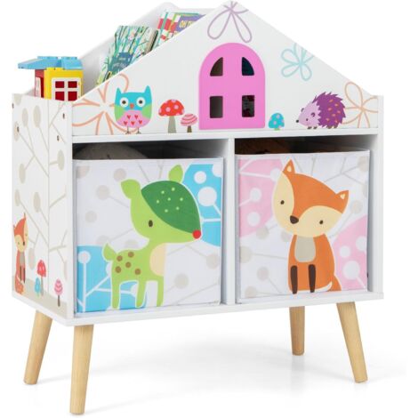 COSTWAY Libreria per Bambini con 2 Contenitori Rimovibili, Libreria a Forma di Casa con Gambe in Legno Massello, Scaffale per Giocattoli per Cameretta Soggiorno Asilo Nido, 62x30x72 cm