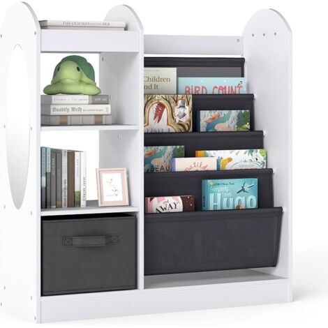 COSTWAY Libreria per Bambini con Specchio, Scaffale Giocattoli con 4 Ripiani a Rete e Cassetto in Tessuto, Libreria Montessori a 4 Livelli per Bambini per Cameretta e Sala Giochi (Bianco)