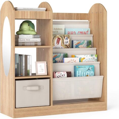 COSTWAY Libreria per Bambini con Specchio, Scaffale Giocattoli con 4 Ripiani a Rete e Cassetto in Tessuto, Libreria Montessori a 4 Livelli per Bambini per Cameretta e Sala Giochi (Naturale)