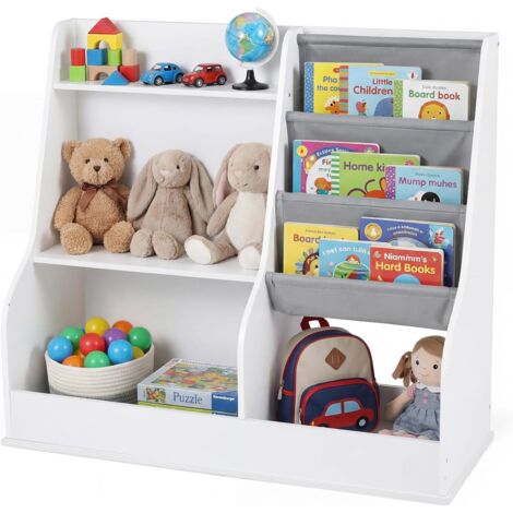 COSTWAY Libreria per Bambini Montessori, Scaffale a 3 Livelli con 3 Tasche in Oxford, Portagiochi con Anti-inversione per Cameretta e Sala Giochi, 89 x 35,5 x 80 cm
