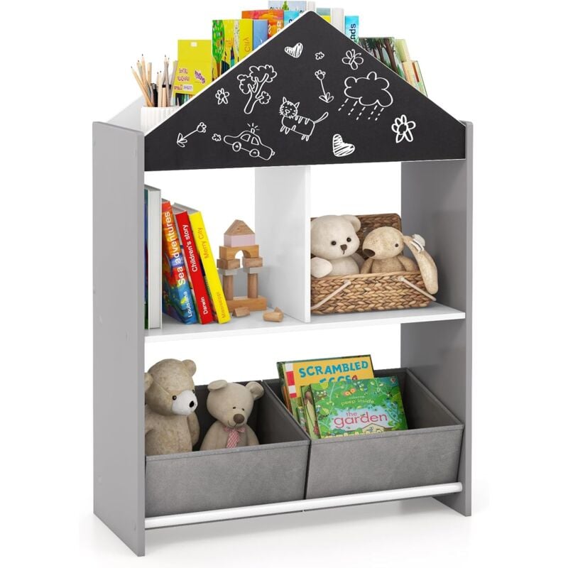 COSTWAY Libreria per Bambini, Organizzatore in Legno a Forma di Casa Bambole, con 2 in 1 Lavagne 4 Scomparti 2 Ripiani e 2 Cassetti, per Stanza