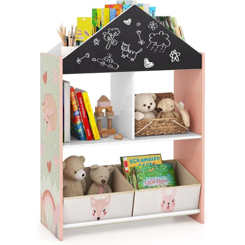 Costway - Libreria per Bambini, Organizzatore in Legno a Forma di Casa Bambole, con 2 in 1 Lavagne 4 Scomparti 2 Ripiani e 2 Cassetti, per Stanza