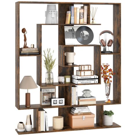 COSTWAY Libreria Scaffale Geometrico Spirale ad Angolo Retto a 7 Ripiani, Scaffale Espositivo in Legno Salvaspazio, Libreria per Camera da Letto, Soggiorno e Salotto, 125 x 22 x 150 cm (Marrone)